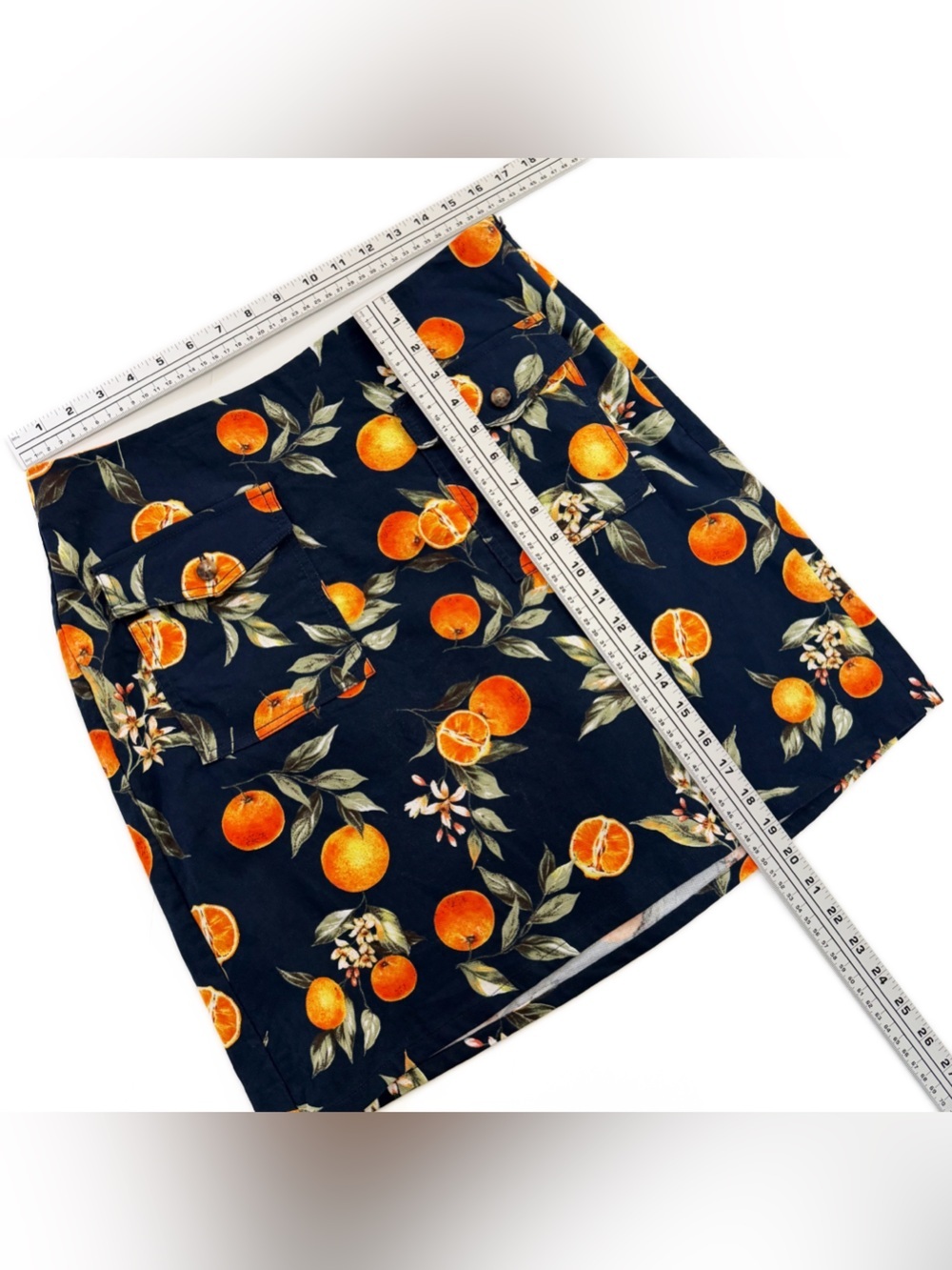 Loft Skirt Womens 10 Navy Blue Orange Fruit Print Utility Mini - Picture 5 of 8
